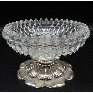 Vintage Cut Glass Candy Dish Clear Glass with Silver Tone Flower Pedestal